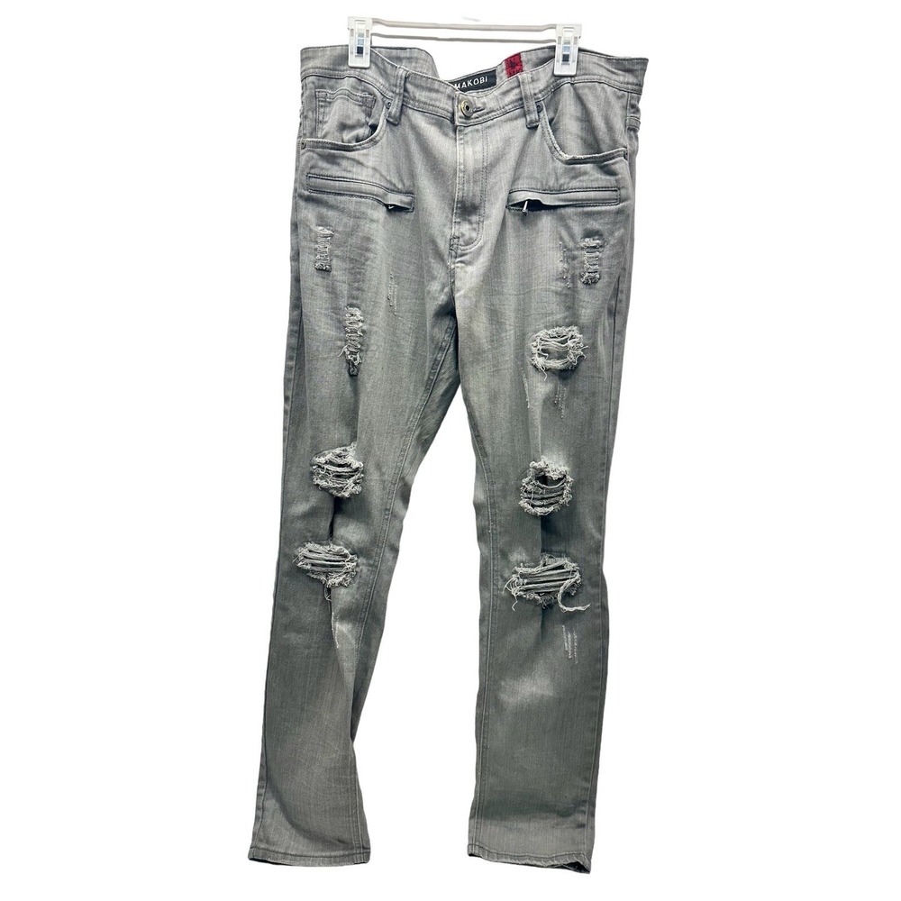 Makobi‎ Moto Jeans Mens Size 38x34 Distressed Biker Motorcycle Stretch Gray